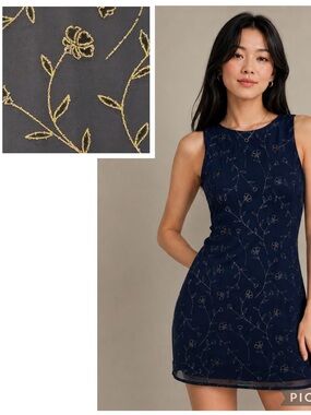 Navy Floral Sheer gold trim 90s Y2K Retro vintage mini dress women dress size L